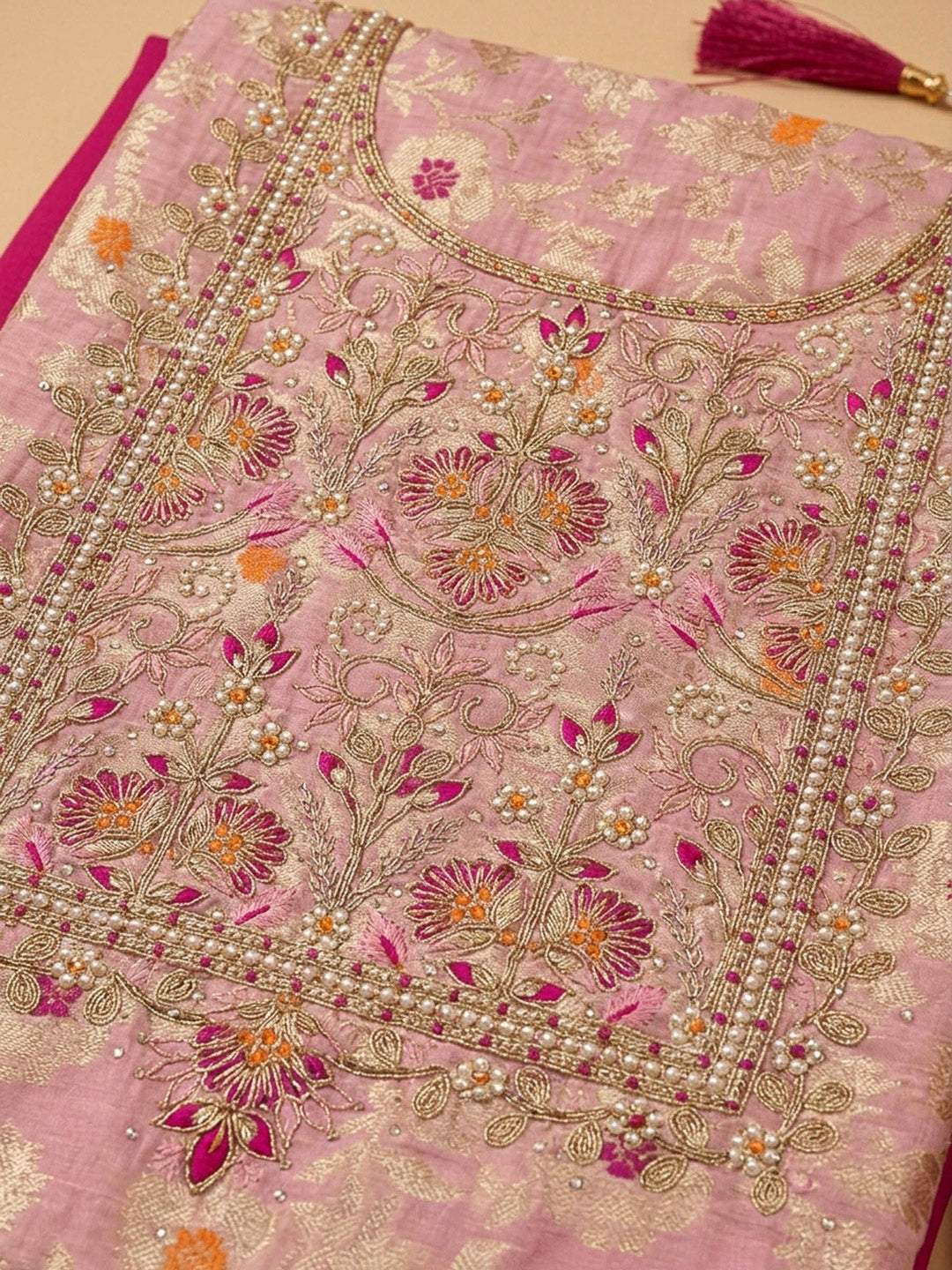 Peach Embroidery Chanderi Unstitched Dress Material