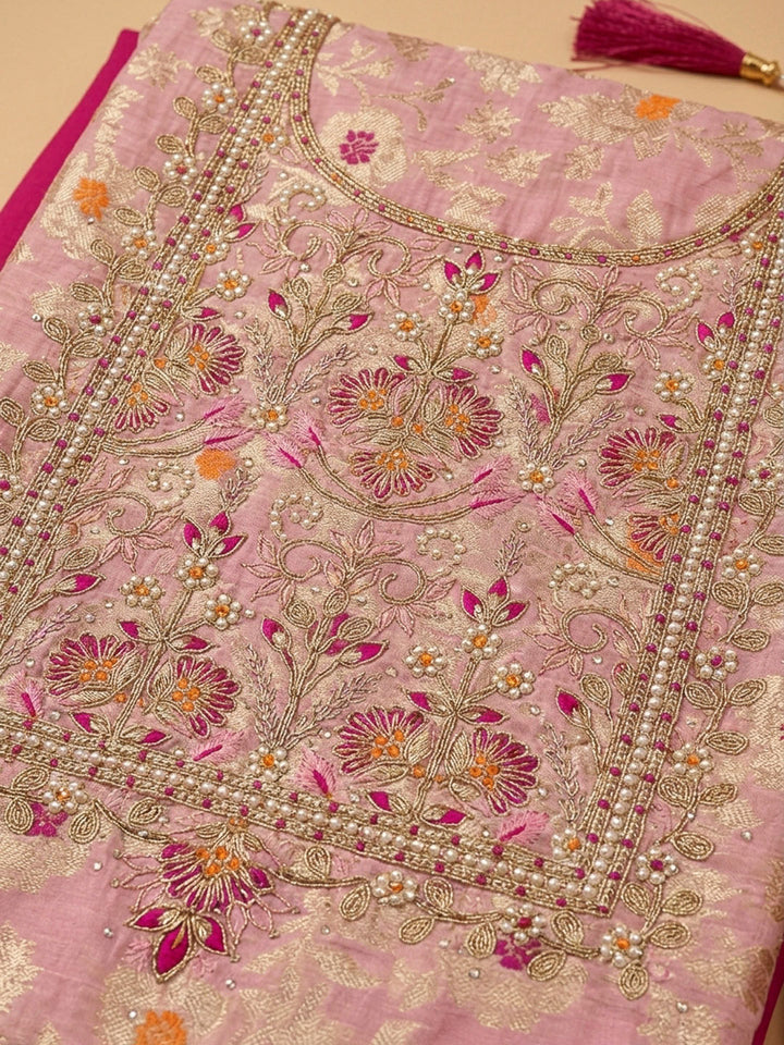 Peach Embroidery Chanderi Unstitched Dress Material