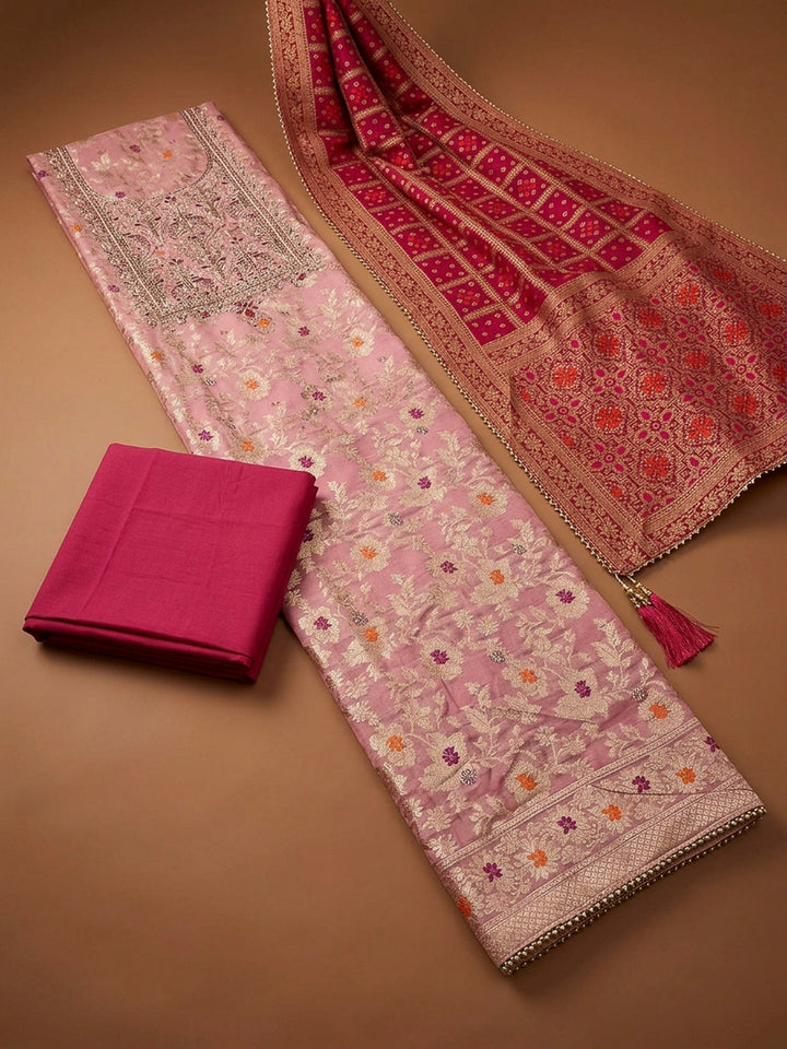 Peach Embroidery Chanderi Unstitched Dress Material