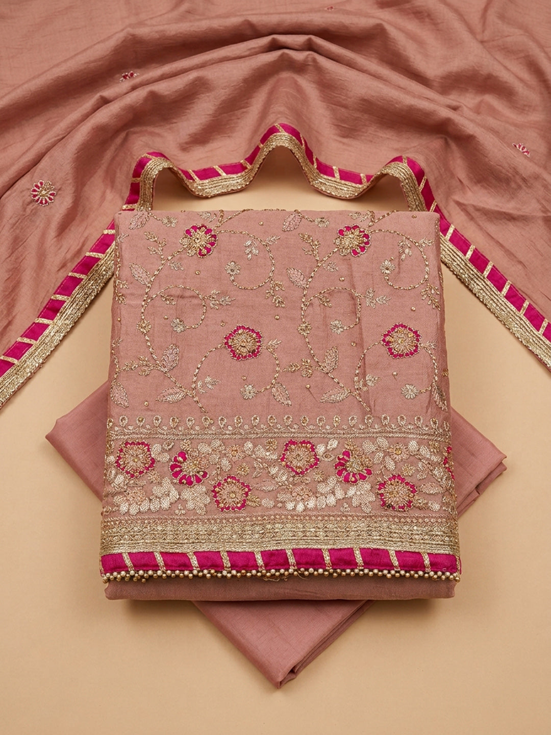 Peach Embroidery Chanderi Unstitched Dress Material