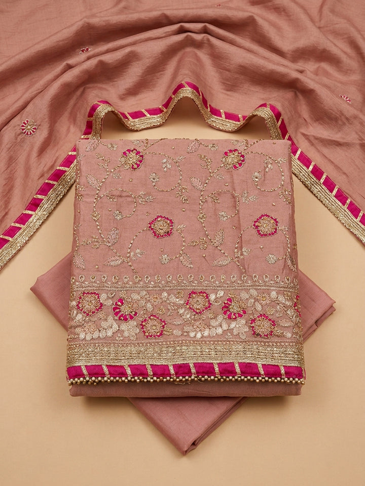 Peach Embroidery Chanderi Unstitched Dress Material