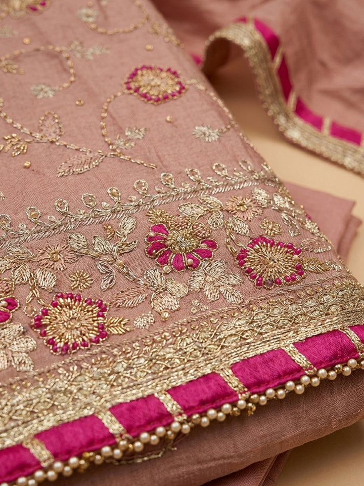 Peach Embroidery Chanderi Unstitched Dress Material