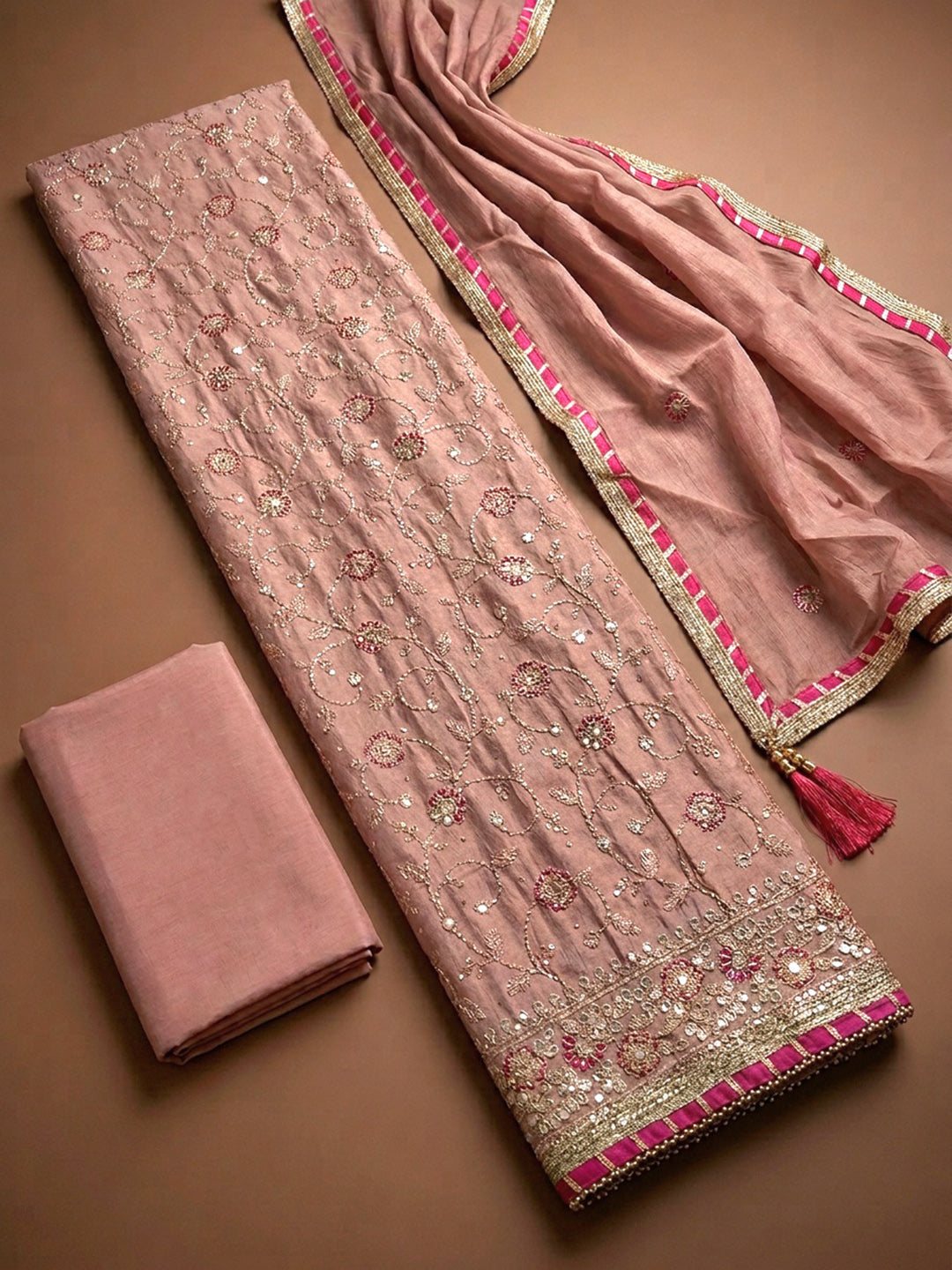 Peach Embroidery Chanderi Unstitched Dress Material