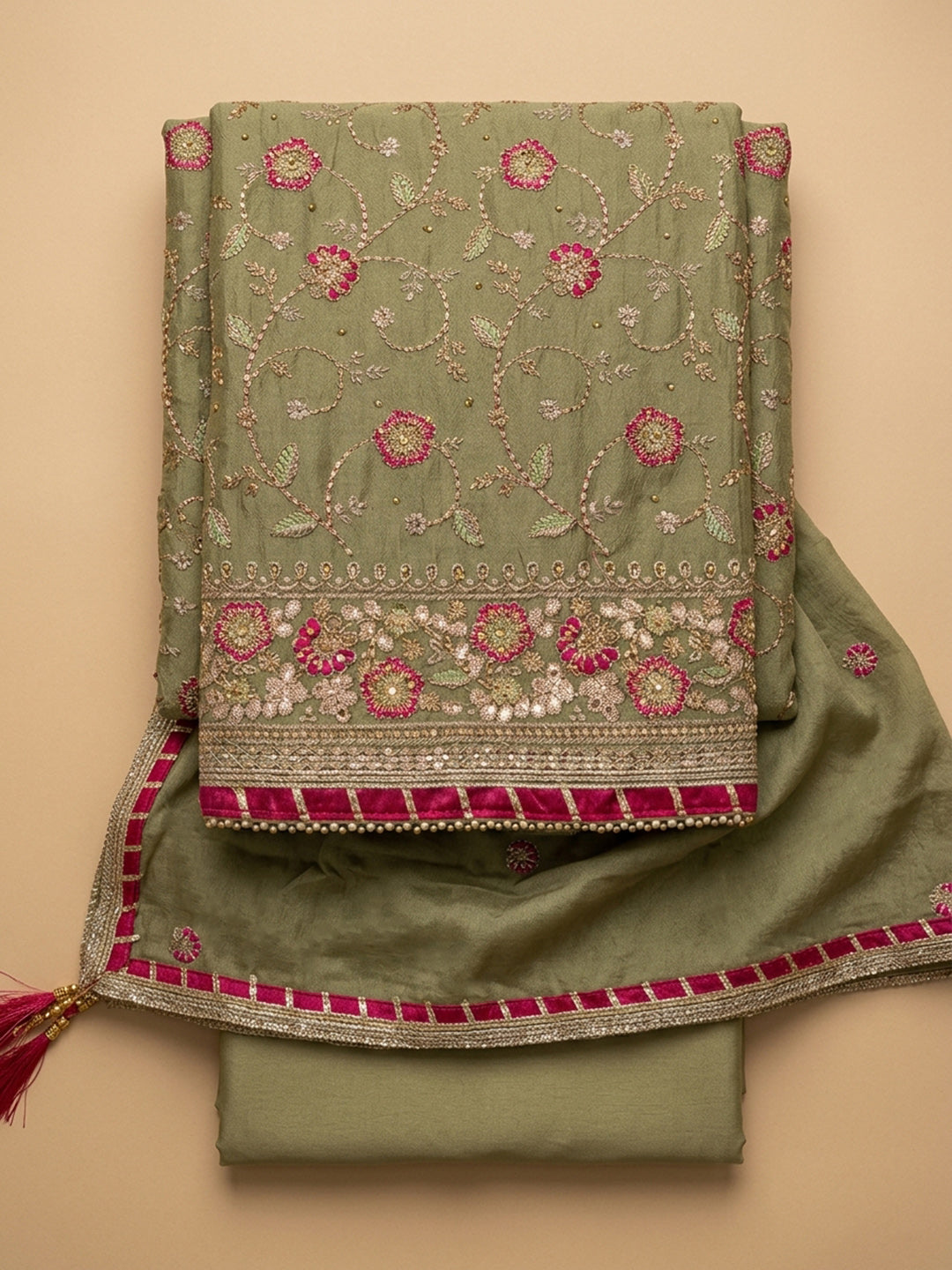 Pista Green Embroidery Chanderi Unstitched Dress Material