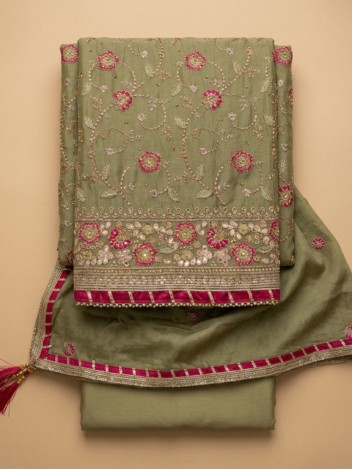 Pista Green Embroidery Chanderi Unstitched Dress Material
