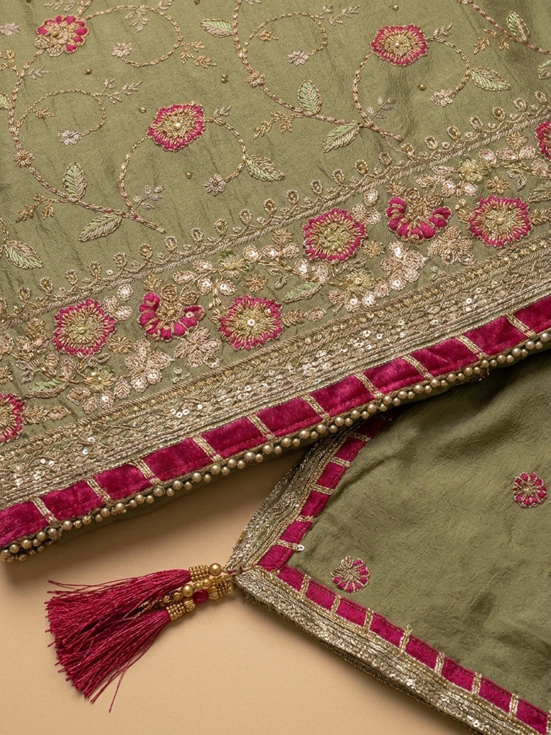 Pista Green Embroidery Chanderi Unstitched Dress Material