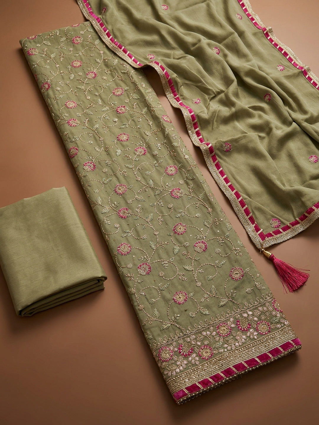 Pista Green Embroidery Chanderi Unstitched Dress Material