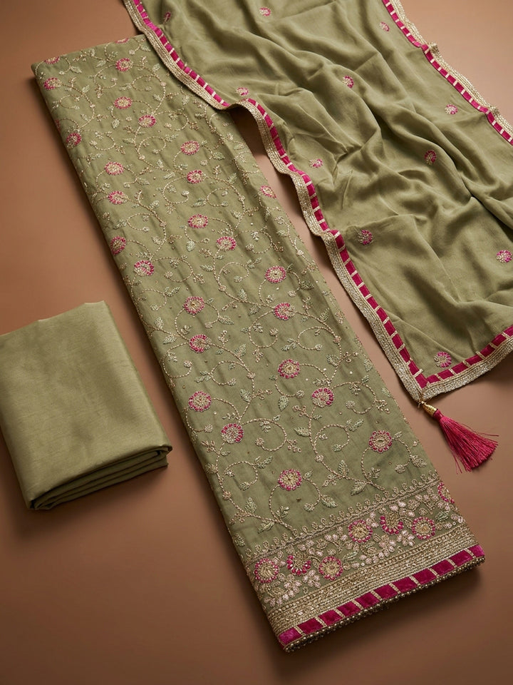 Pista Green Embroidery Chanderi Unstitched Dress Material