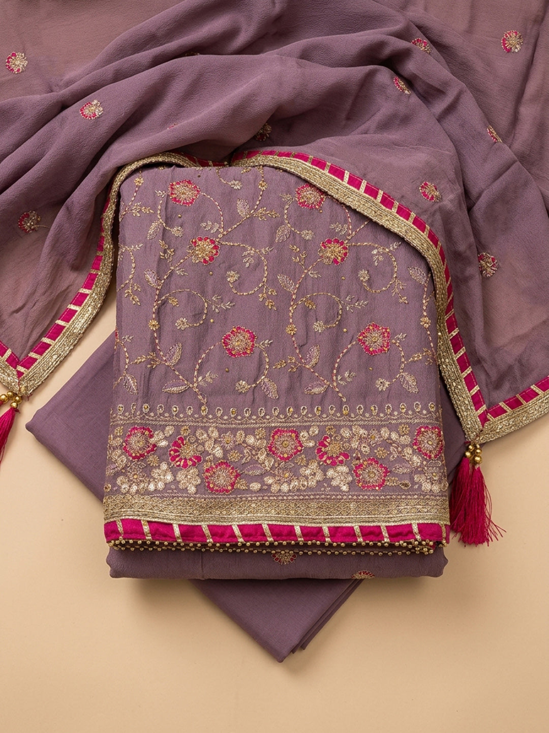 Purple Embroidery Chanderi Unstitched Dress Material