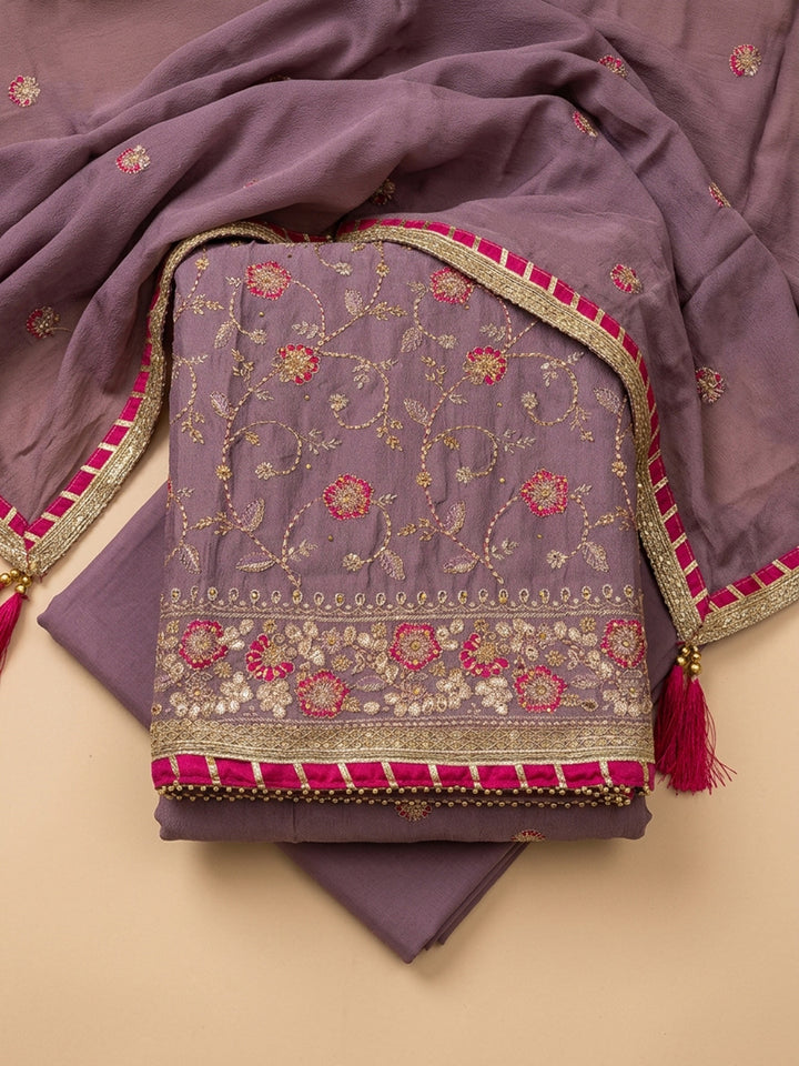 Purple Embroidery Chanderi Unstitched Dress Material