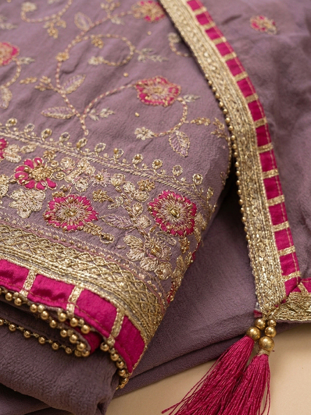 Purple Embroidery Chanderi Unstitched Dress Material