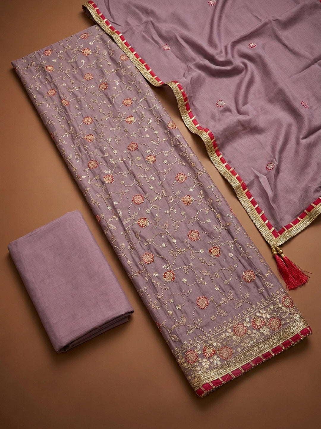 Purple Embroidery Chanderi Unstitched Dress Material