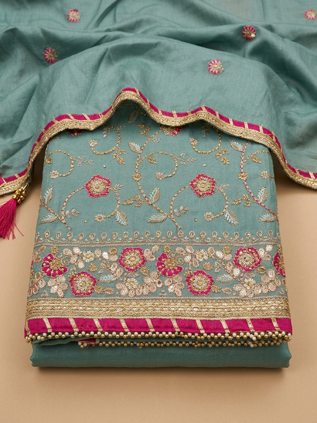 Rama Green Embroidery Chanderi Unstitched Dress Material