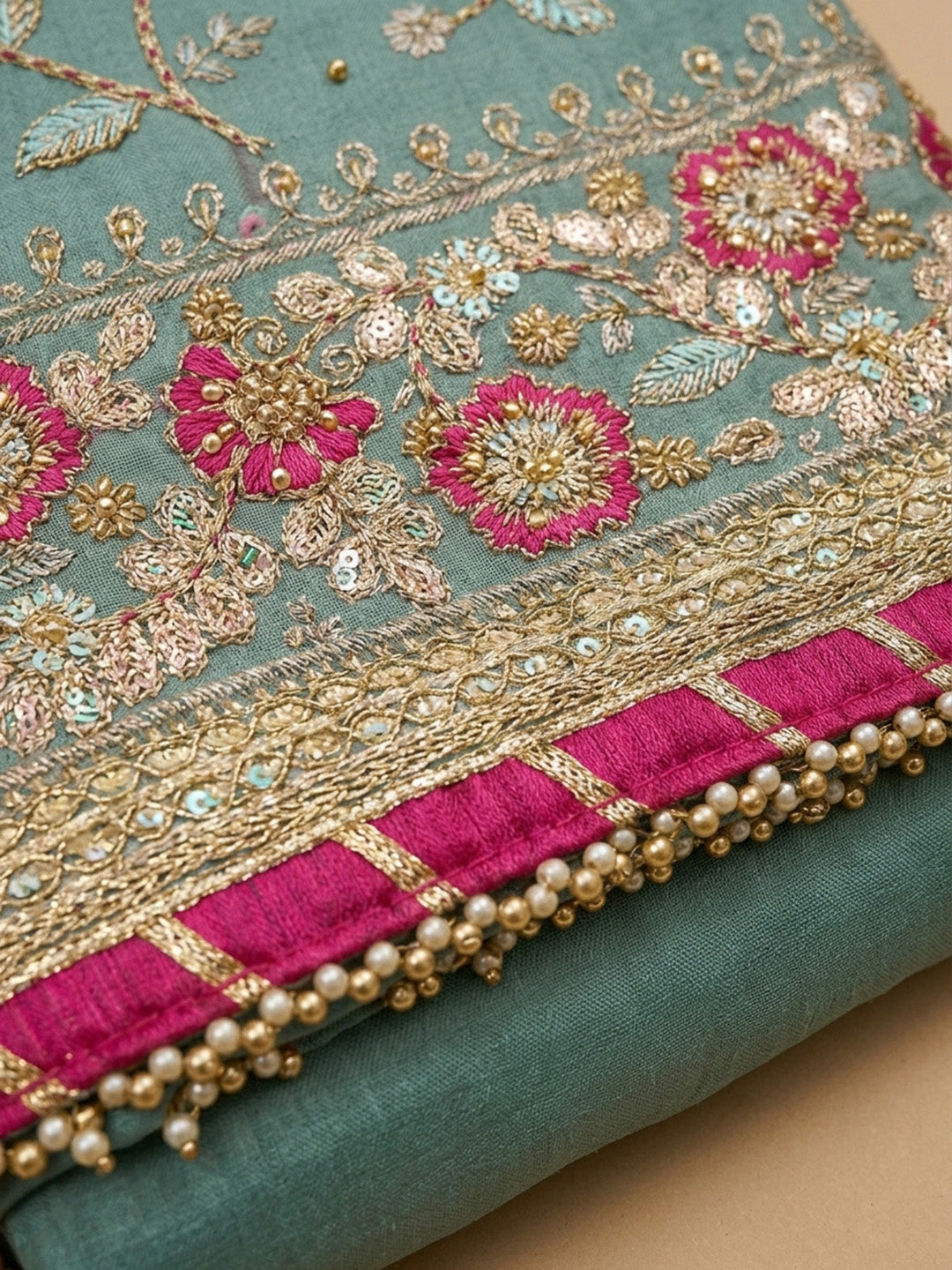 Rama Green Embroidery Chanderi Unstitched Dress Material
