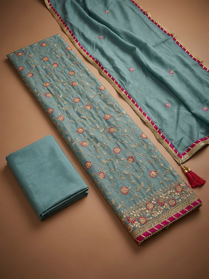 Rama Green Embroidery Chanderi Unstitched Dress Material
