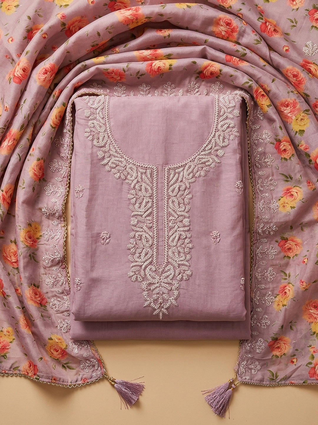 Onion Pink Embroidery Chanderi Unstitched Dress Material