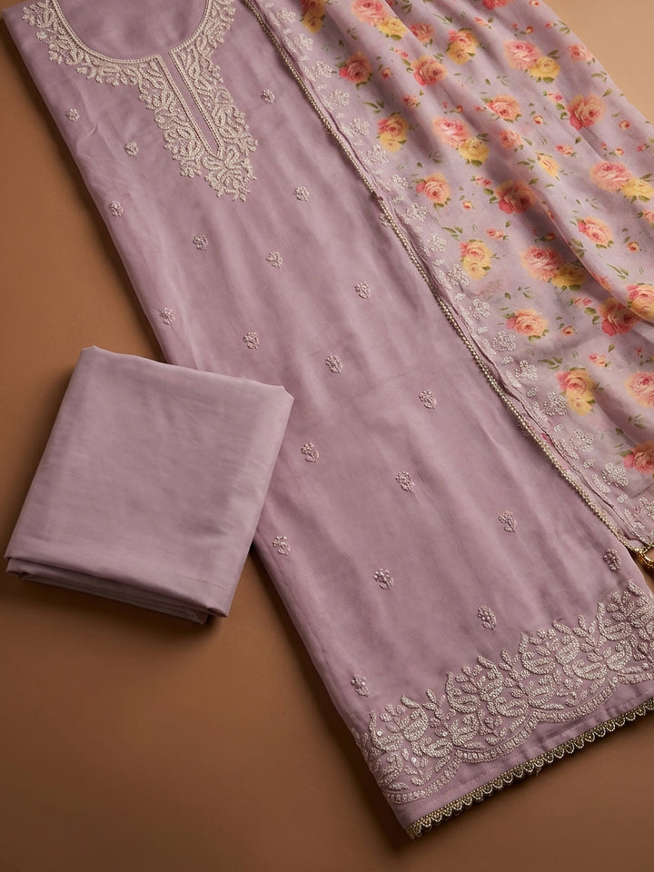 Onion Pink Embroidery Chanderi Unstitched Dress Material