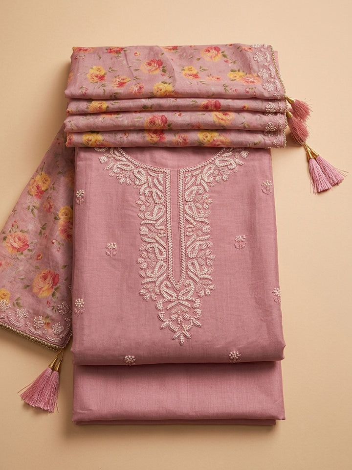 Peach Embroidery Chanderi Unstitched Dress Material