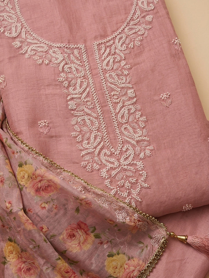 Peach Embroidery Chanderi Unstitched Dress Material