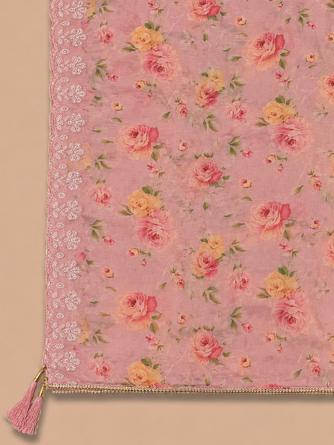 Peach Embroidery Chanderi Unstitched Dress Material