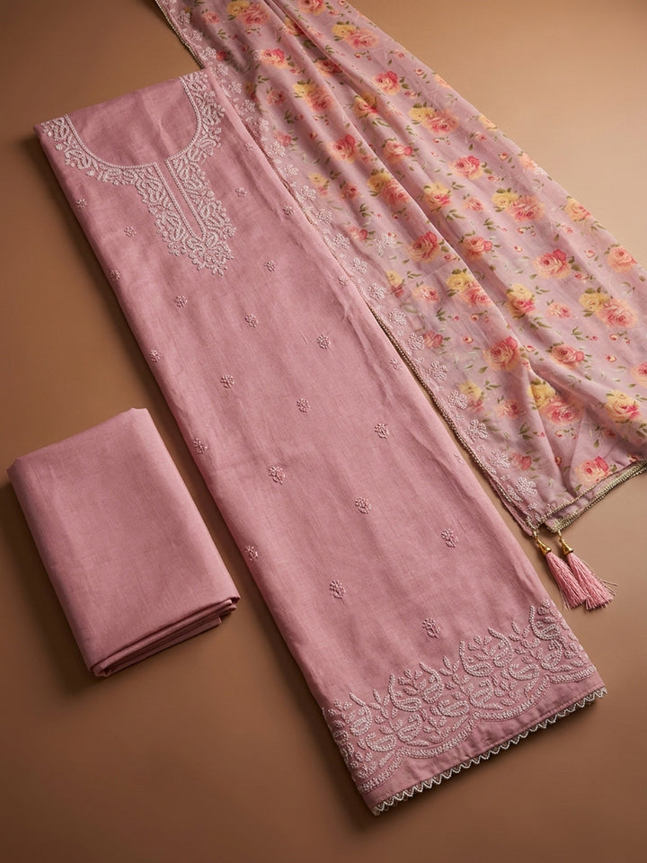 Peach Embroidery Chanderi Unstitched Dress Material