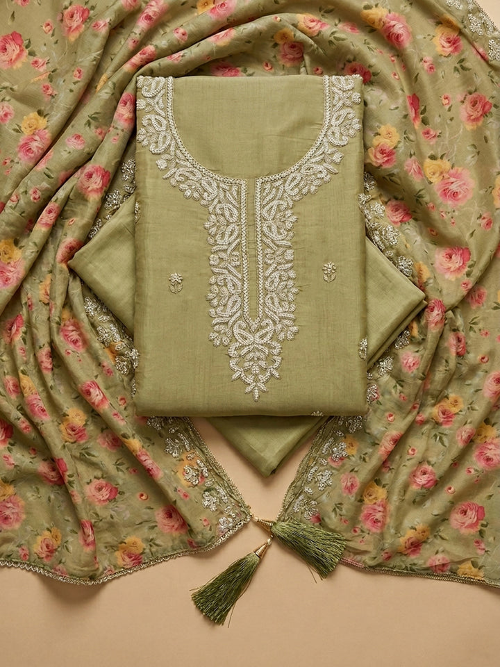 Pista Green Embroidery Chanderi Unstitched Dress Material