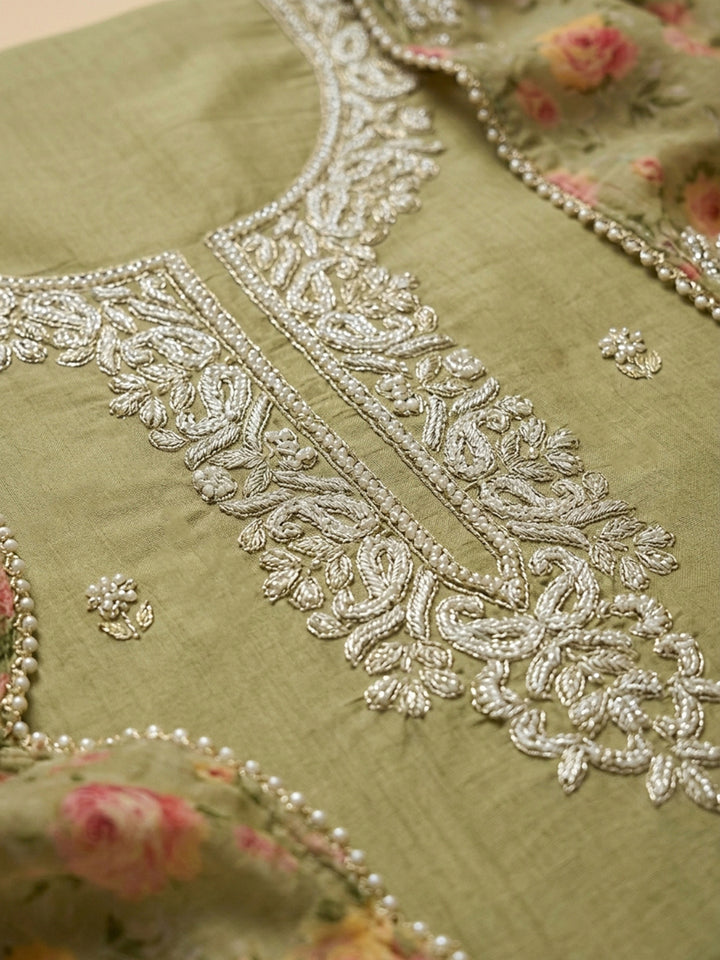 Pista Green Embroidery Chanderi Unstitched Dress Material