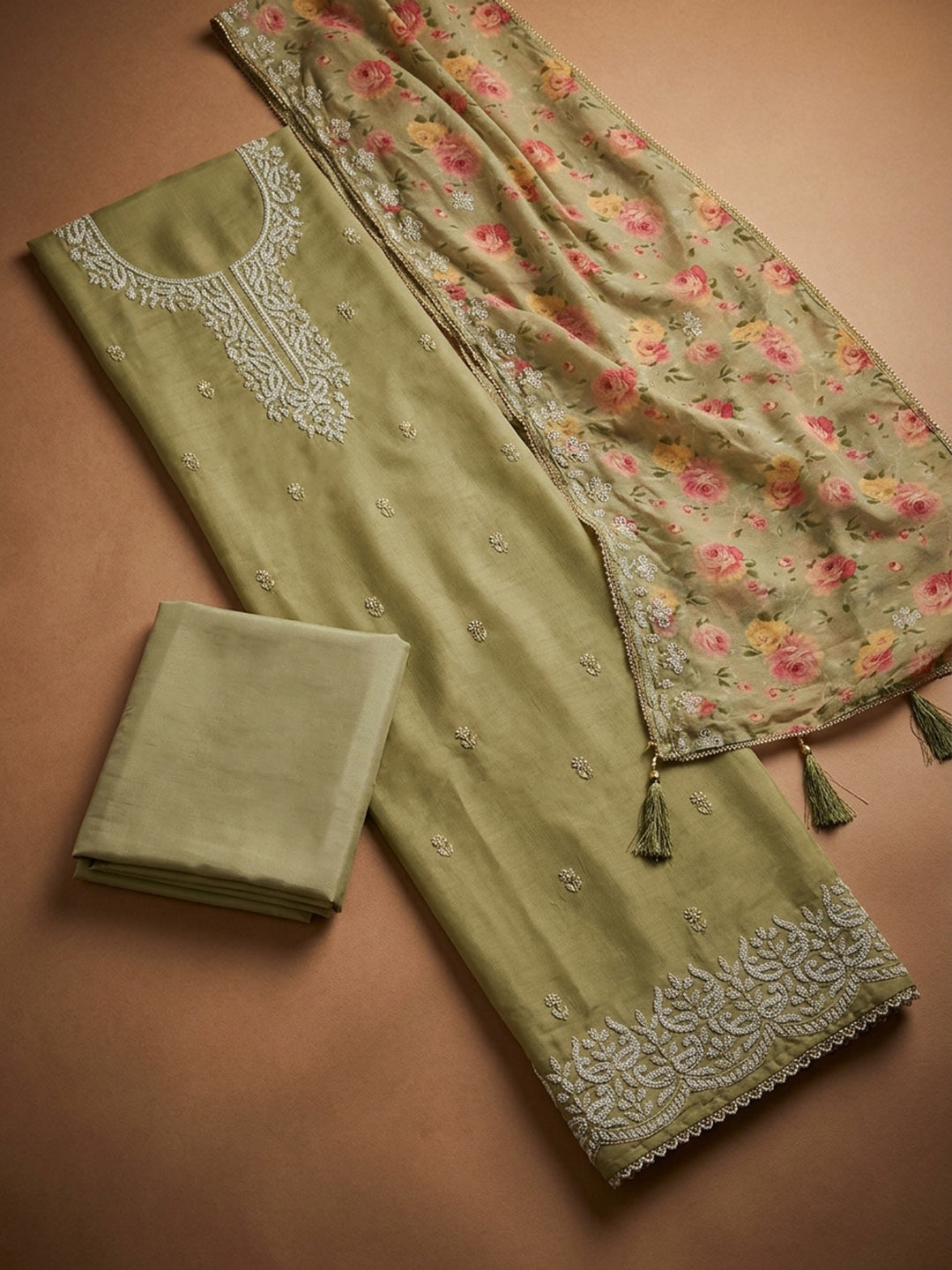 Pista Green Embroidery Chanderi Unstitched Dress Material