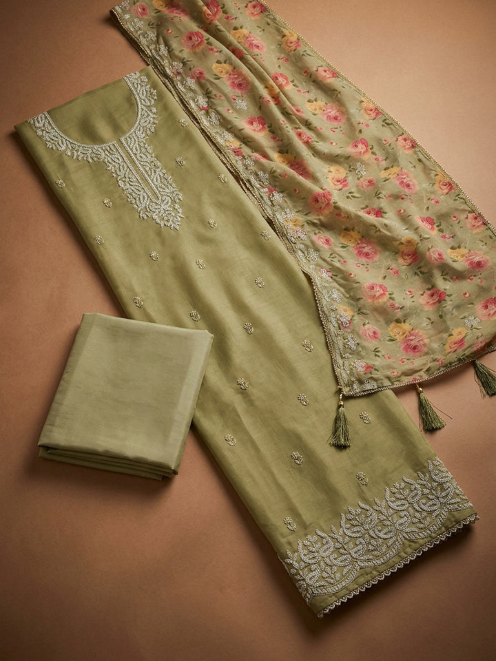 Pista Green Embroidery Chanderi Unstitched Dress Material