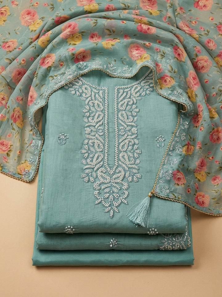 Sky Blue Embroidery Chanderi Unstitched Dress Material