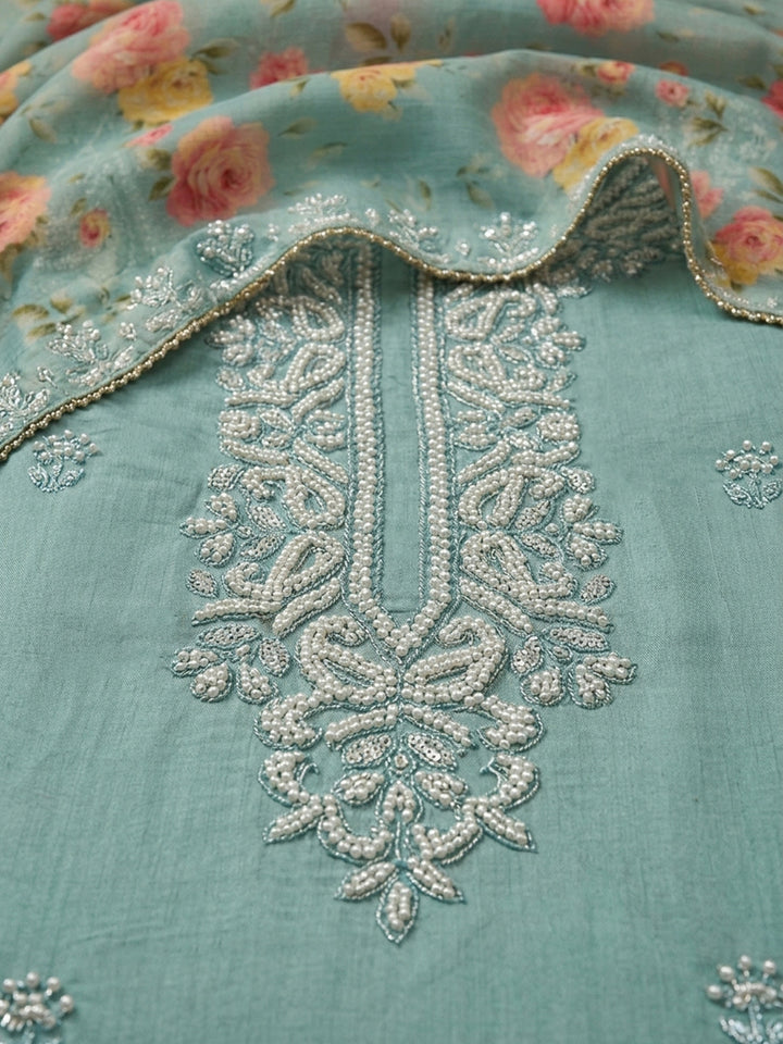 Sky Blue Embroidery Chanderi Unstitched Dress Material