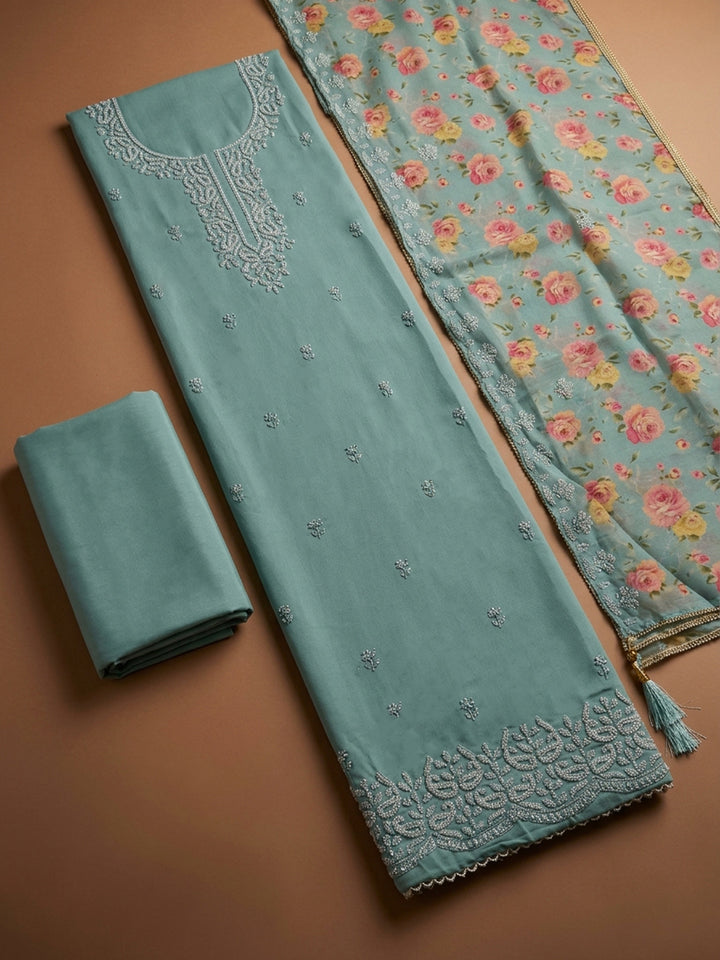 Sky Blue Embroidery Chanderi Unstitched Dress Material