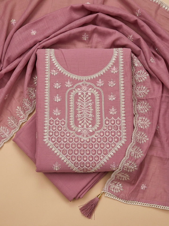 Dull Pink Embroidery Chanderi Unstitched Dress Material