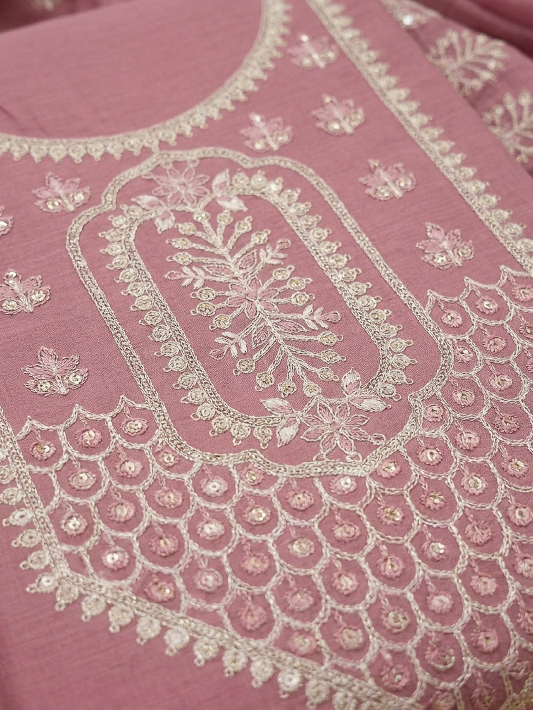 Dull Pink Embroidery Chanderi Unstitched Dress Material