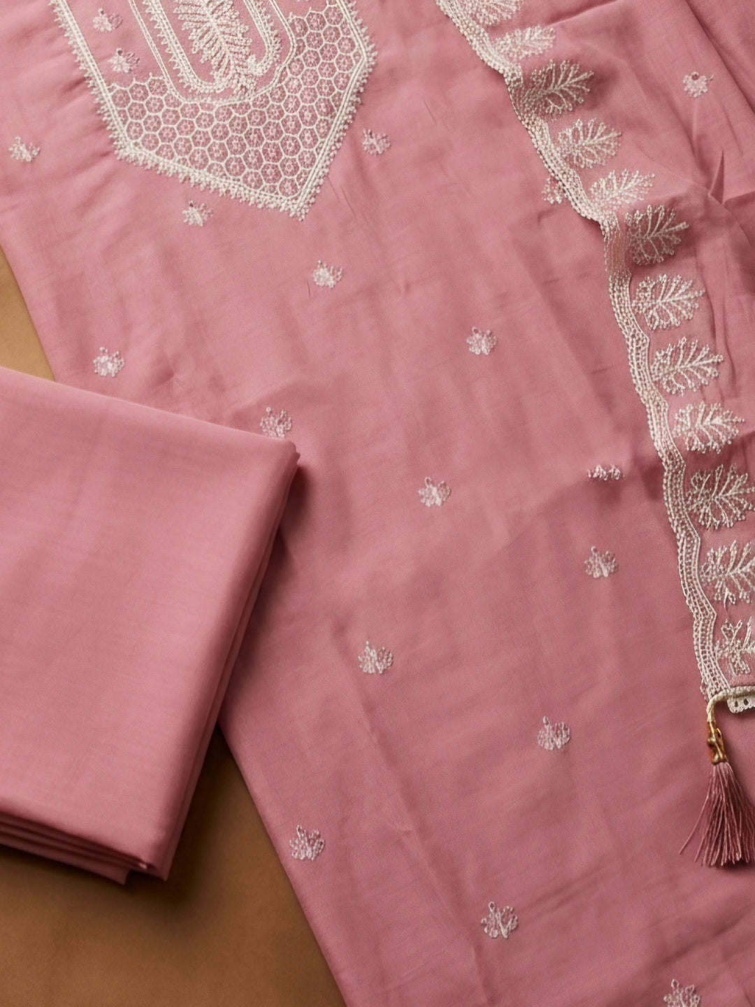 Dull Pink Embroidery Chanderi Unstitched Dress Material