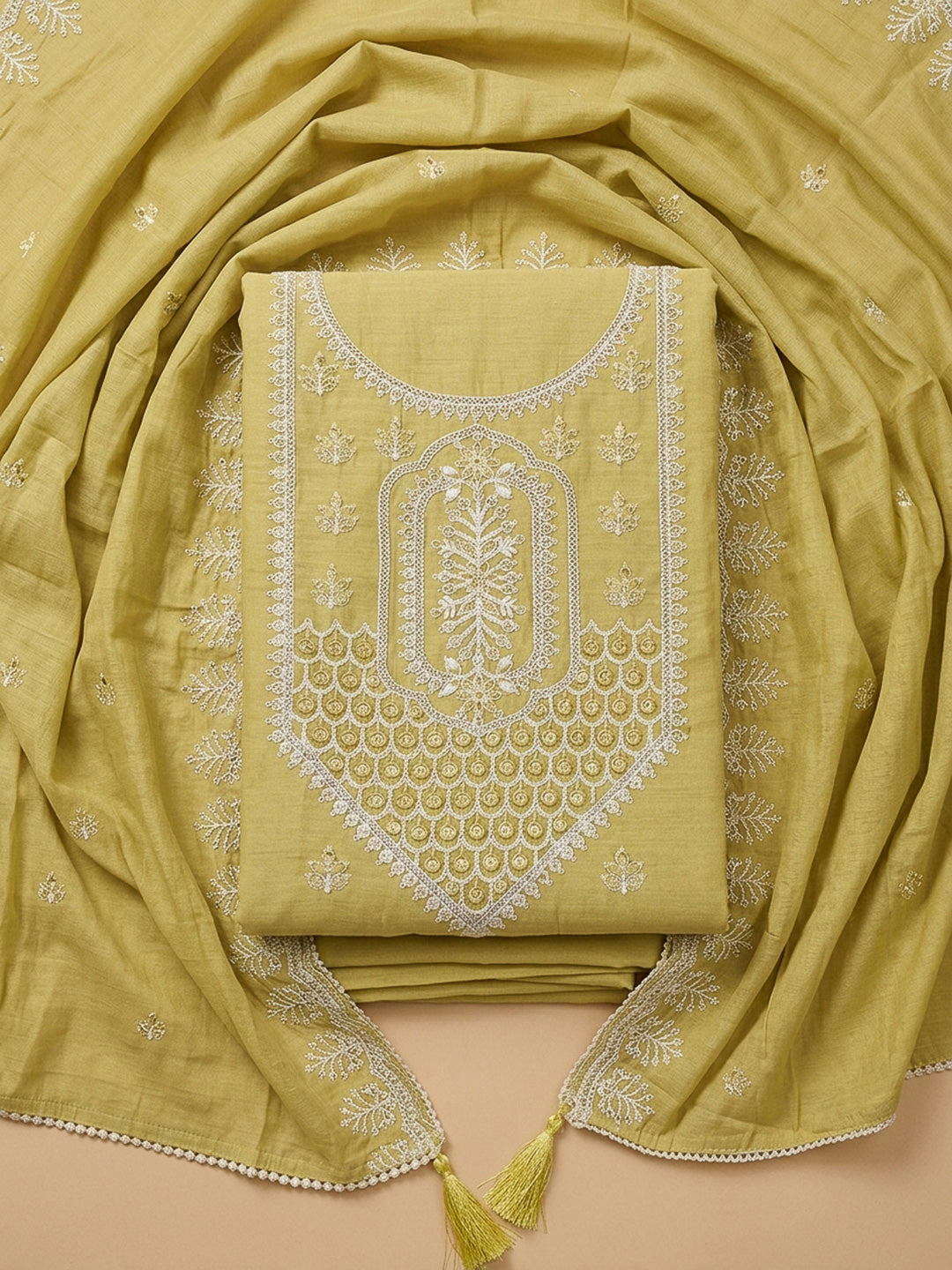 Mustard Embroidery Chanderi Unstitched Dress Material