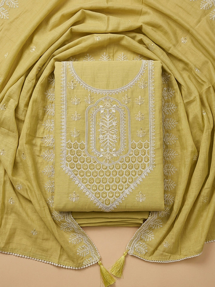 Mustard Embroidery Chanderi Unstitched Dress Material