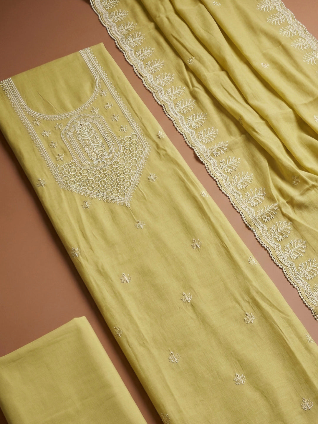 Mustard Embroidery Chanderi Unstitched Dress Material