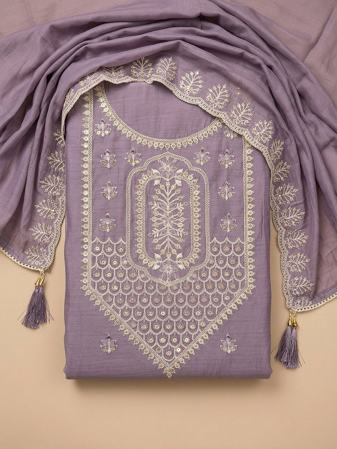 Purple Embroidery Chanderi Unstitched Dress Material