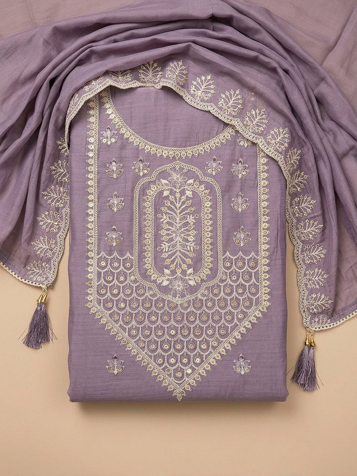 Purple Embroidery Chanderi Unstitched Dress Material