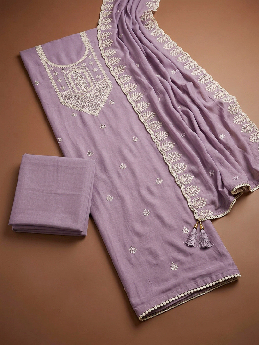 Purple Embroidery Chanderi Unstitched Dress Material