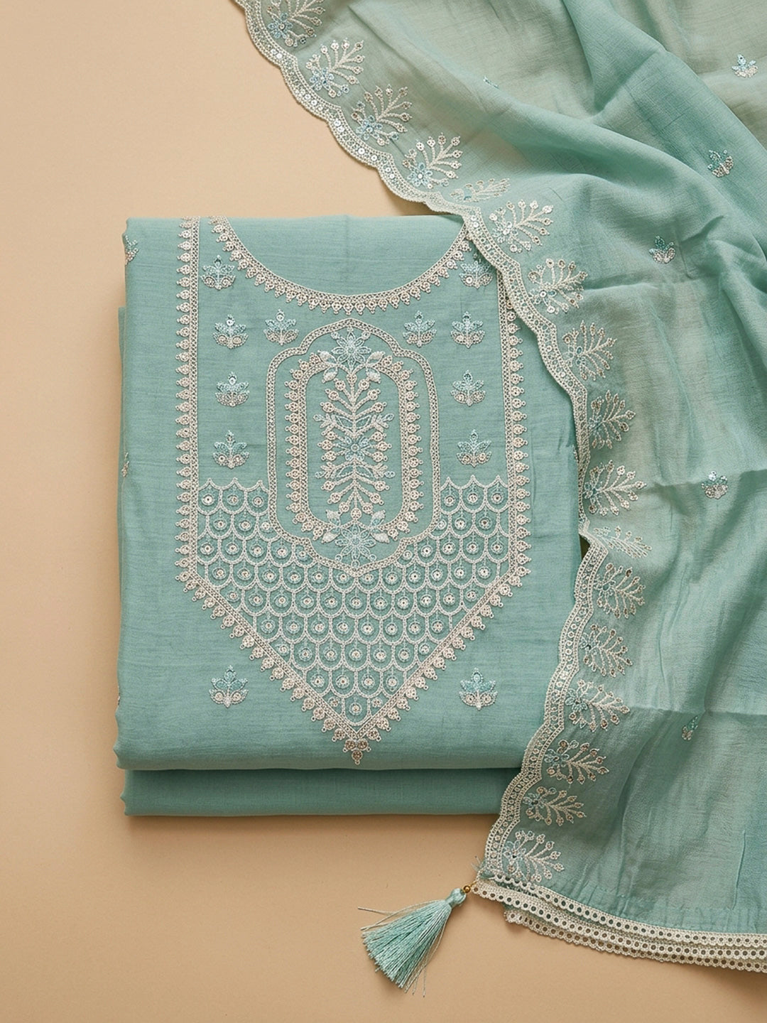 Sky Blue Embroidery Chanderi Unstitched Dress Material