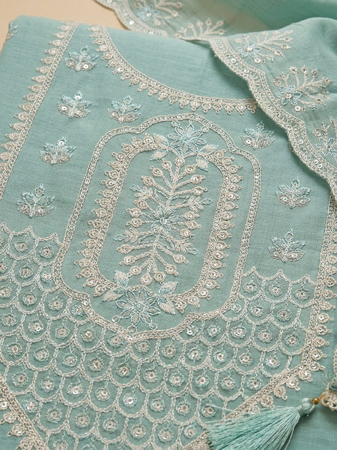 Sky Blue Embroidery Chanderi Unstitched Dress Material