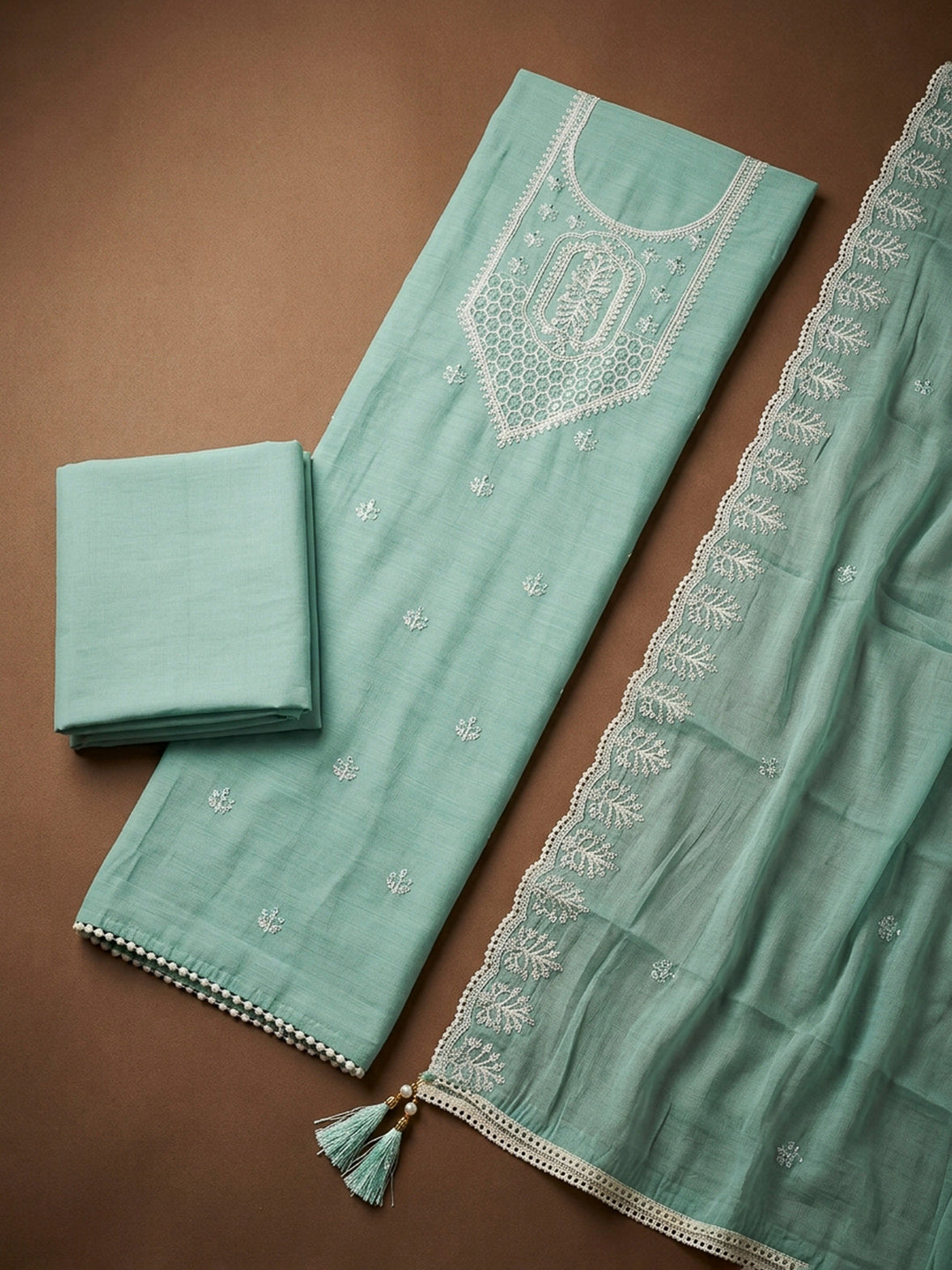 Sky Blue Embroidery Chanderi Unstitched Dress Material