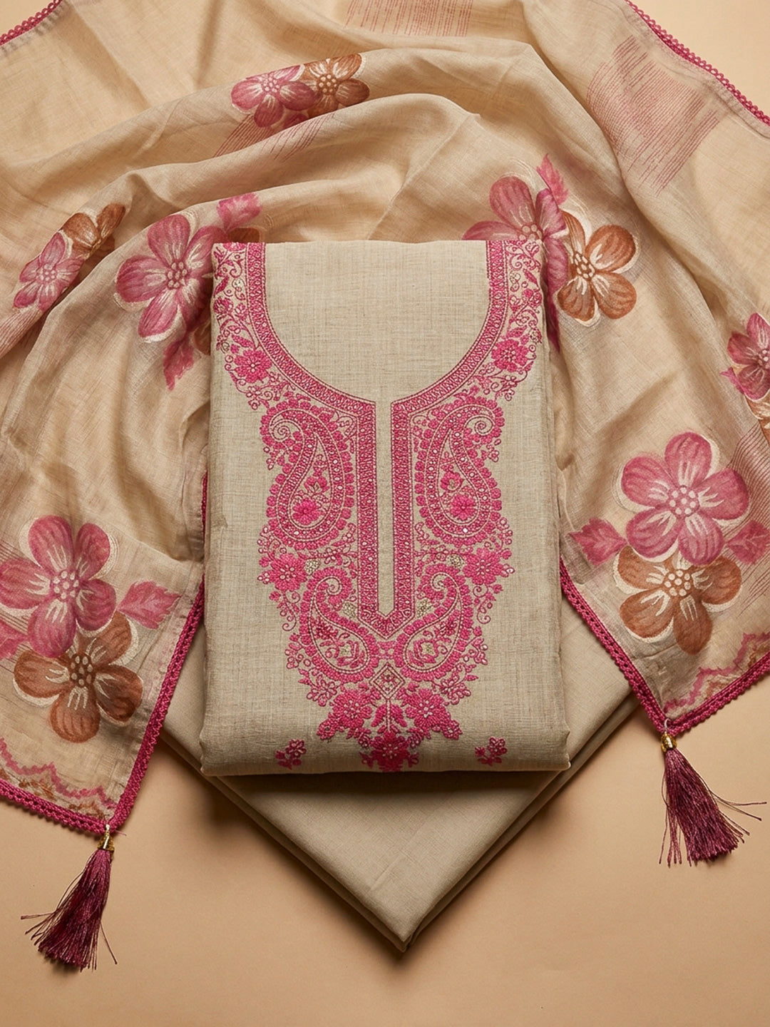 Pink Embroidery Chanderi Unstitched Dress Material
