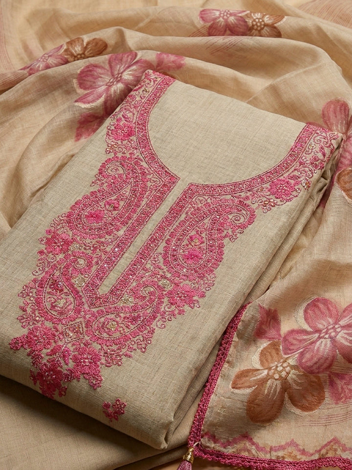 Pink Embroidery Chanderi Unstitched Dress Material