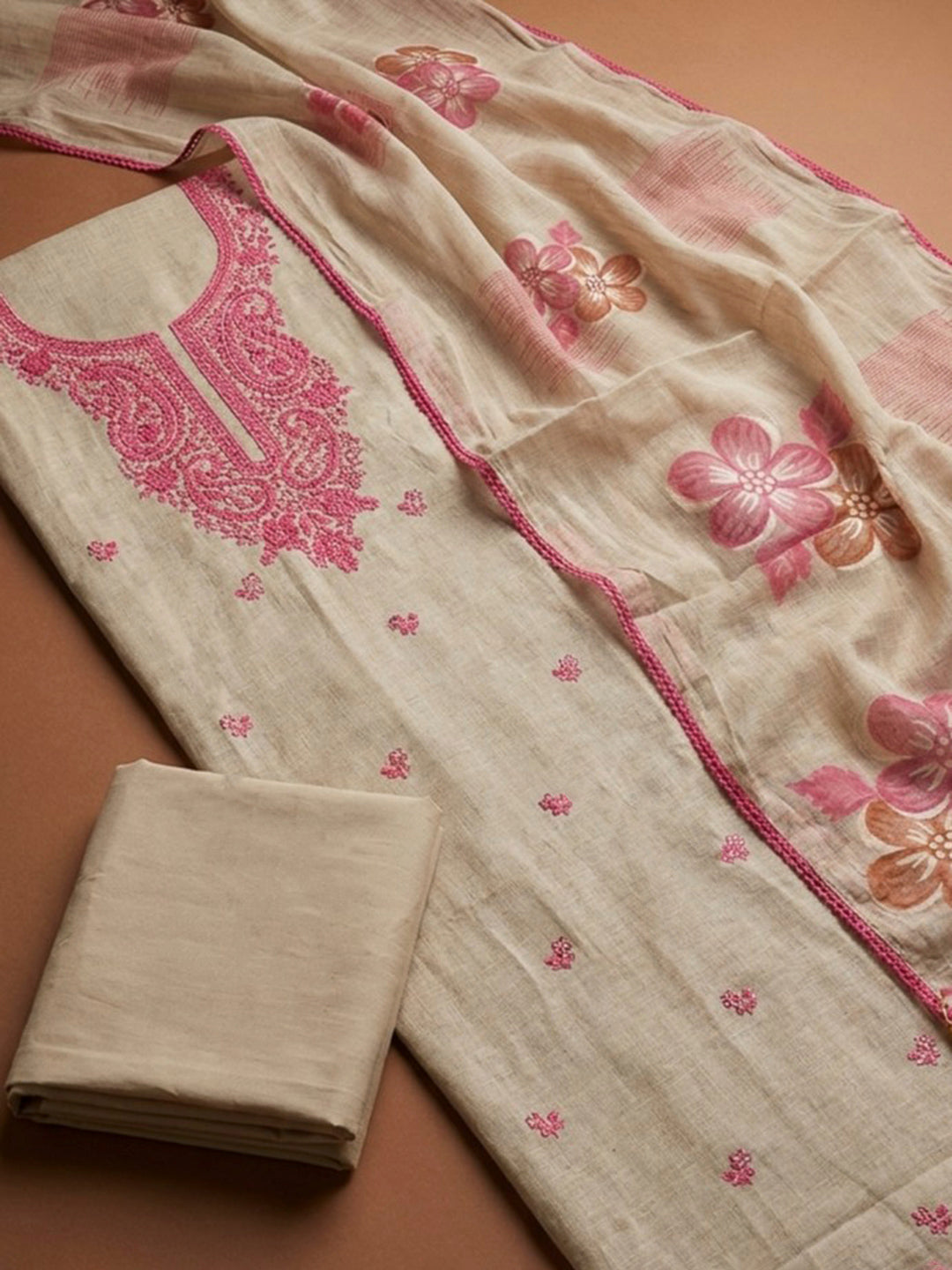 Pink Embroidery Chanderi Unstitched Dress Material