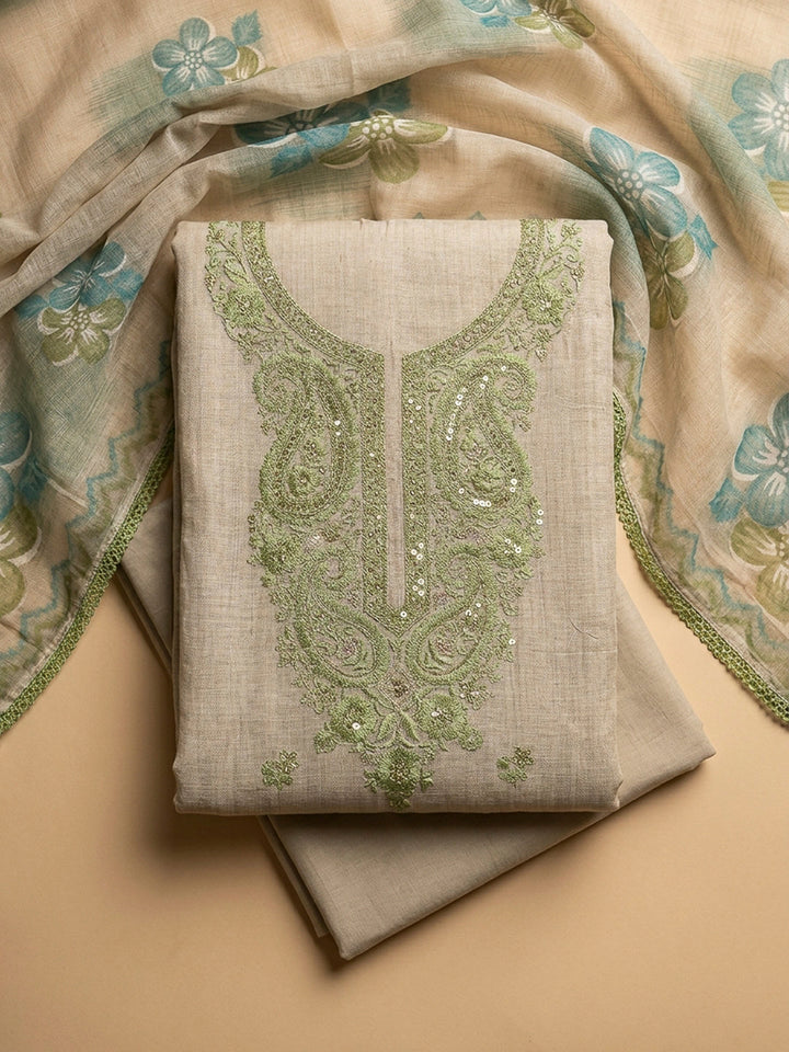 Pista Green Embroidery Chanderi Unstitched Dress Material