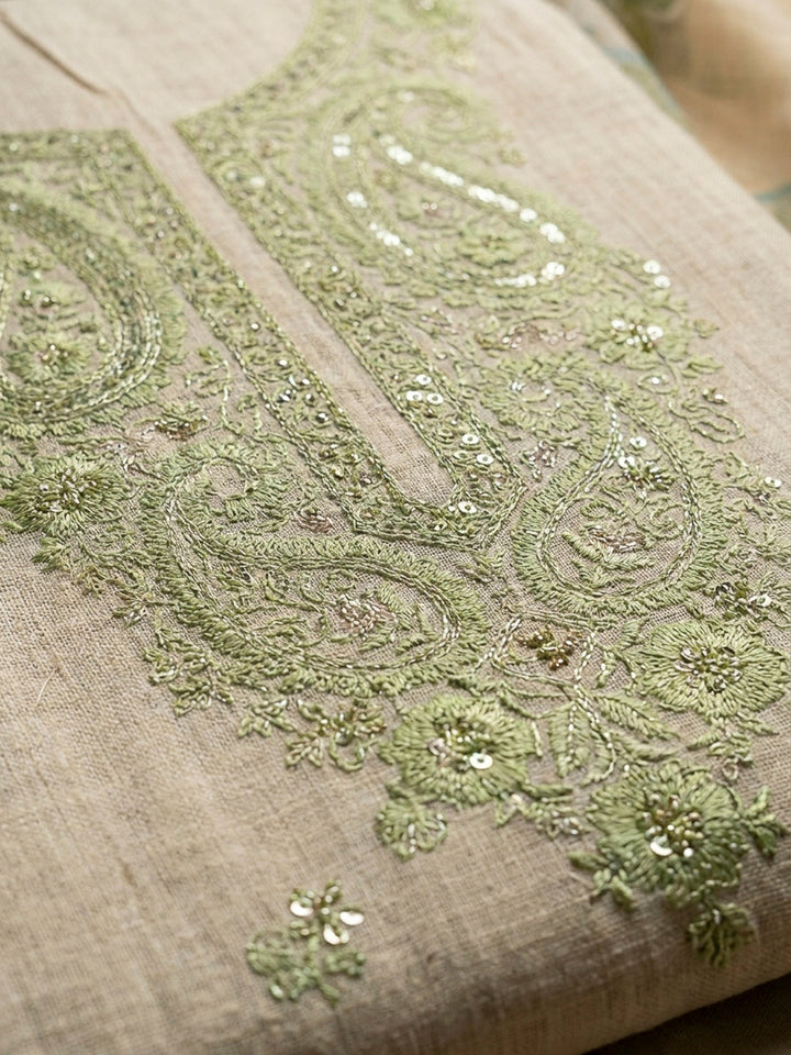 Pista Green Embroidery Chanderi Unstitched Dress Material