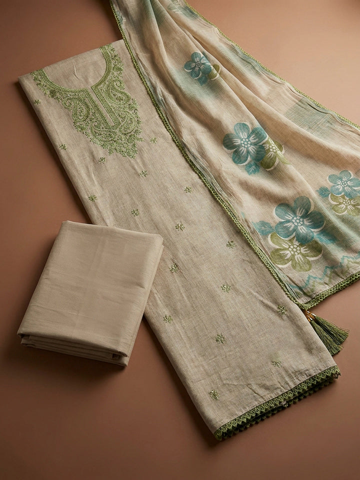 Pista Green Embroidery Chanderi Unstitched Dress Material